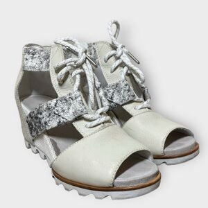 Sorel Joanie Ivory Lace Up Peep Toe Wedge Sandal - Size 8